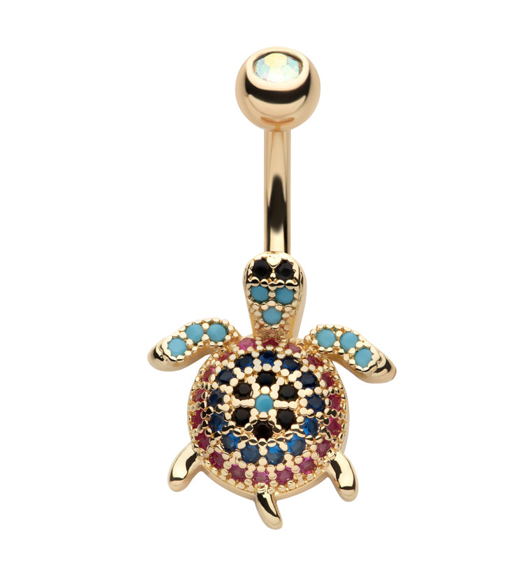 Gold PVD Turtle Rainbow CZ Stainless Steel Belly Button Ring