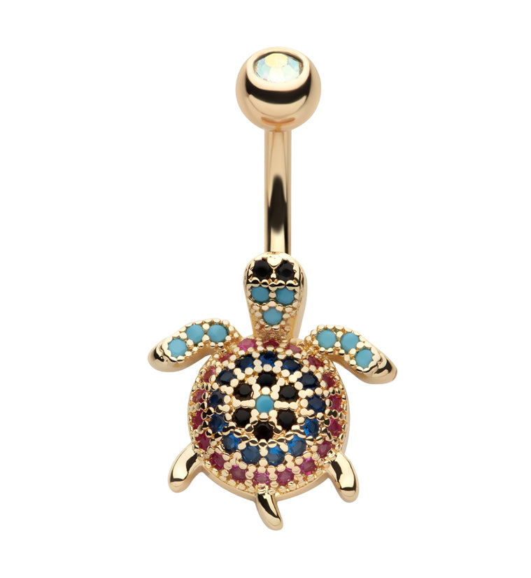 Gold PVD Turtle Rainbow CZ Stainless Steel Belly Button Ring