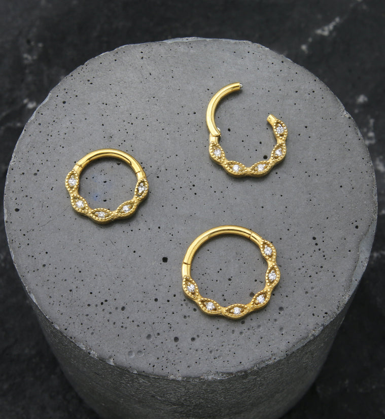 Gold PVD Twist Beaded Clear CZ Stainless Steel Hinged Segment Ring