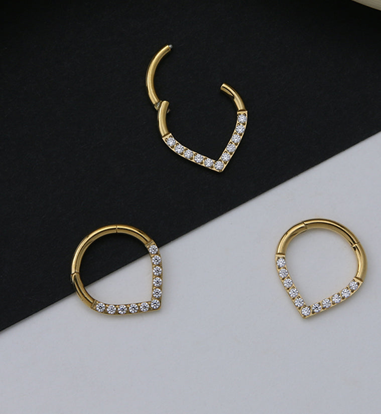 Gold PVD V-Shaped CZ Titanium Hinged Segment Ring