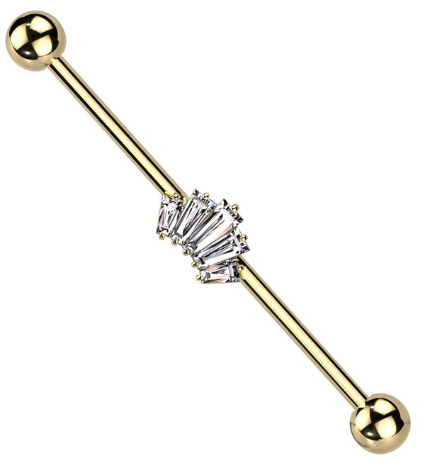 Gold PVD Vane Clear CZ Industrial Barbell
