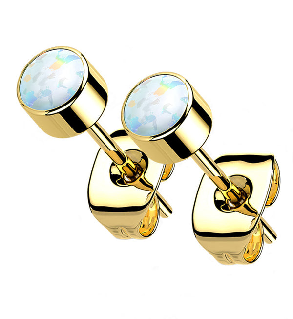 Gold PVD White Opal Titanium Bezel Earrings