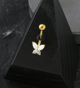 Gold PVD White Opalite Butterfly CZ Stainless Steel Belly Button Ring