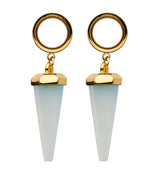 Gold PVD White Opalite Cone Crystal Dangle Stainless Steel Tunnel Plugs