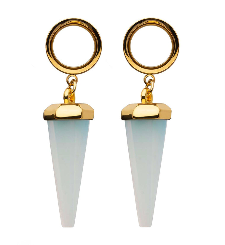 Gold PVD White Opalite Cone Crystal Dangle Stainless Steel Tunnel Plugs