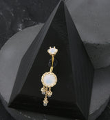 Gold PVD White Opalite Crystal Dangle Stainless Steel Belly Button Ring