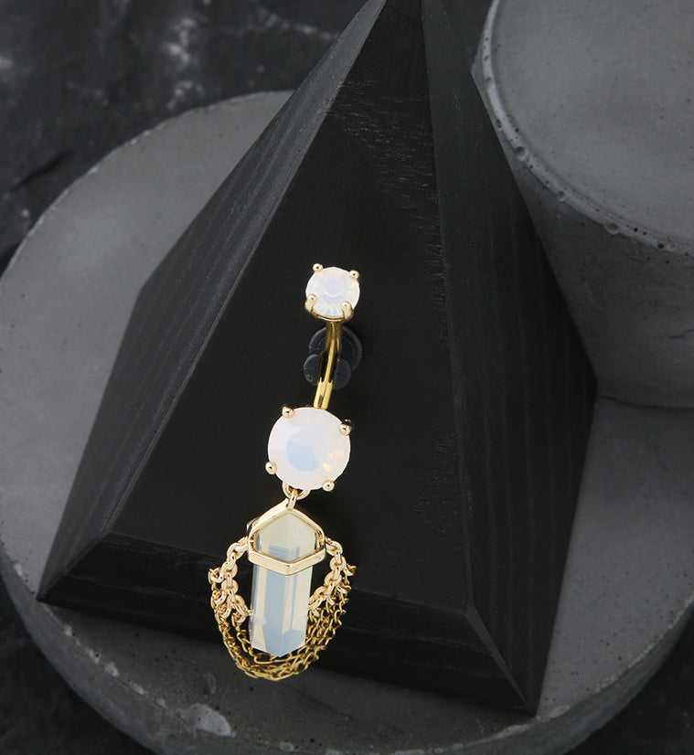 Gold PVD White Opalite Crystal Multi Dangle Chain Stainless Steel Belly Button Ring
