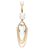 Gold PVD White Opalite Crystal Multi Dangle Chain Stainless Steel Belly Button Ring