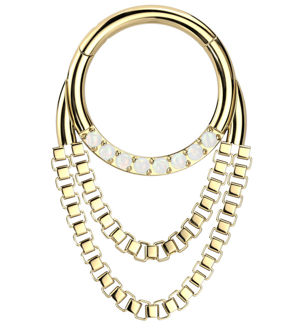 Gold PVD White Opalite Double Dangle Chain Titanium Hinged Segment Ring