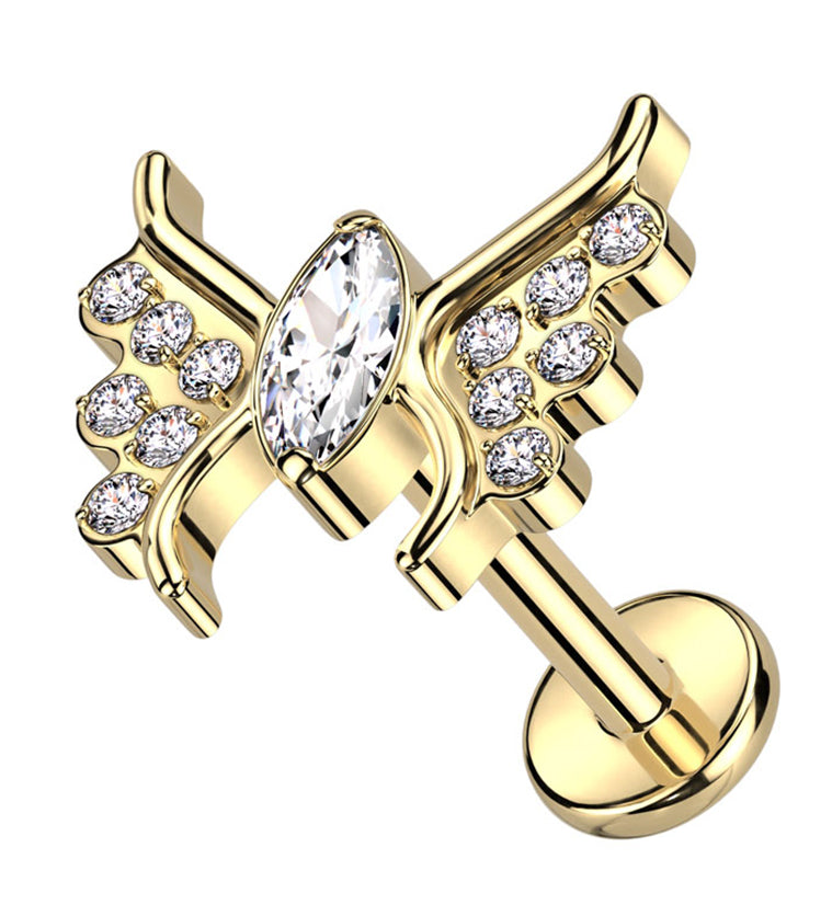 Gold PVD Wings Clear CZ Internally Threaded Titanium Labret