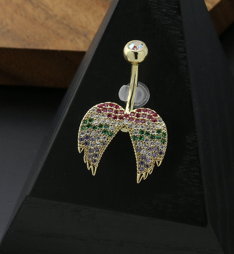 Gold PVD Wings Rainbow CZ Stainless Steel Belly Button Ring