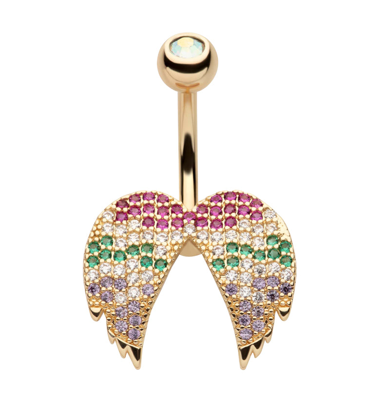Gold PVD Wings Rainbow CZ Stainless Steel Belly Button Ring