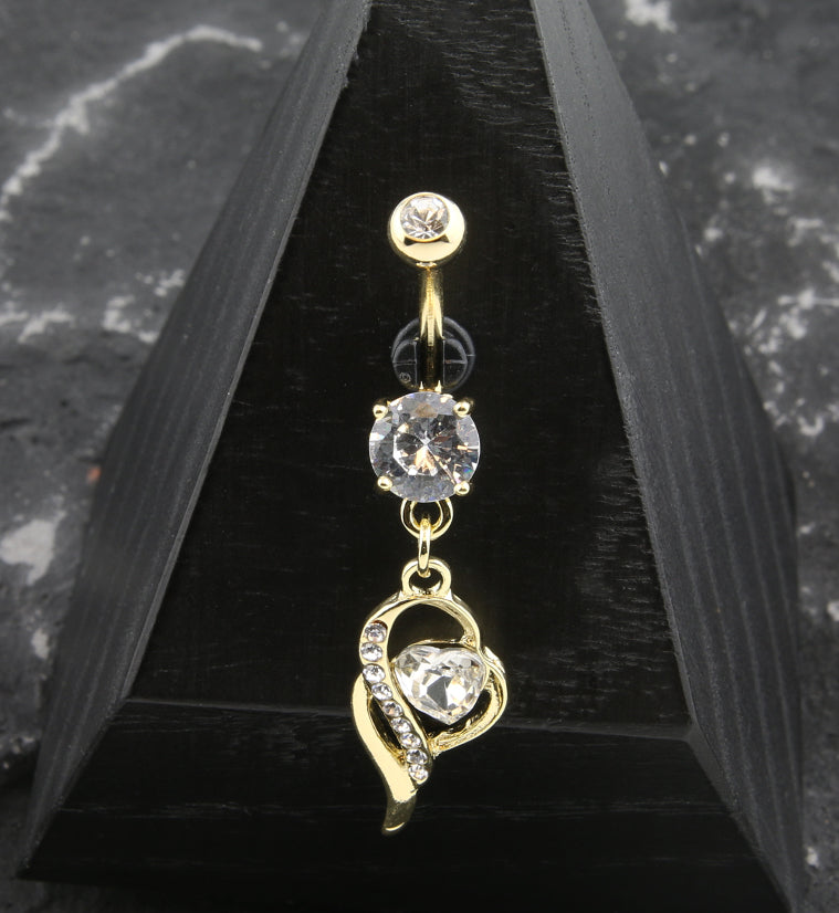 Gold PVD Wisp Clear Heart CZ Dangle Belly Button Ring