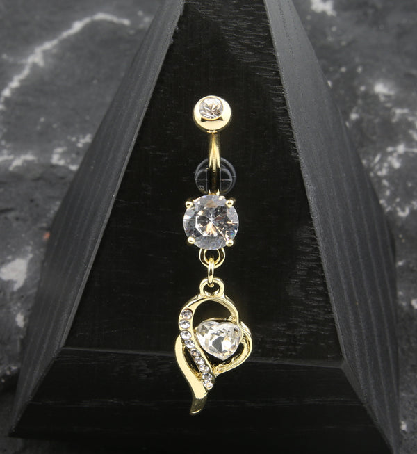 Gold PVD Wisp Clear Heart CZ Dangle Belly Button Ring