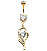 Gold PVD Wisp Clear Heart CZ Dangle Belly Button Ring