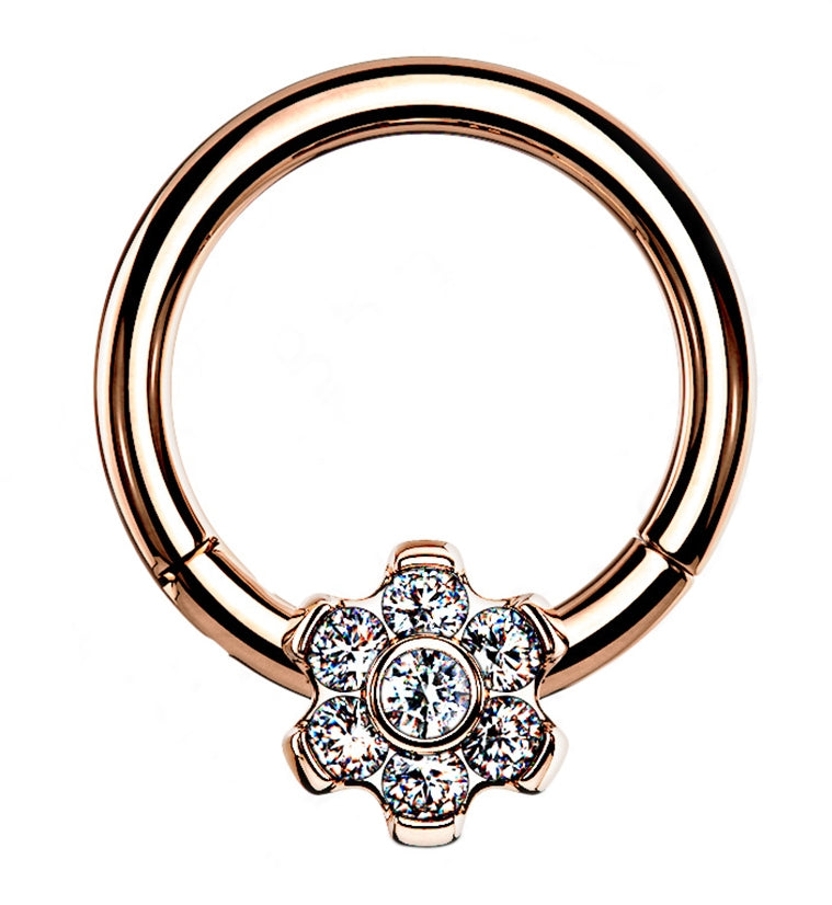Rose Gold PVD Frontal Flower CZ Hinged Segment Ring