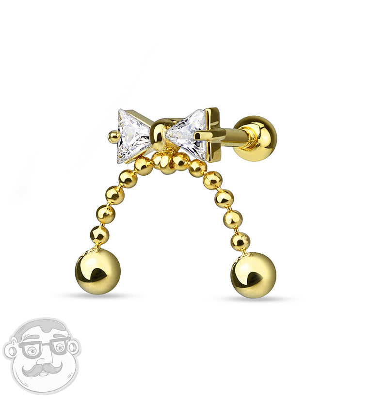 Golden Ribbon & Chain CZ Steel Tragus / Cartilage Barbell