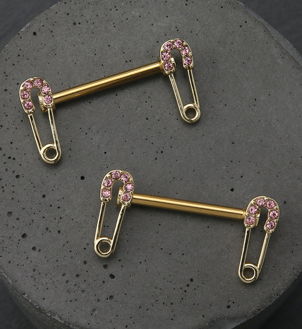 Gold PVD Safety Pin Pink CZ Stainless Steel Nipple Barbell