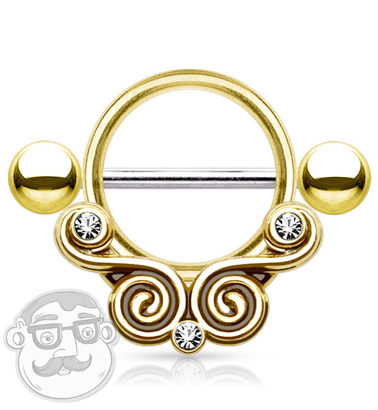 14G Gold Brass Twirl Filigree Barbell Nipple Ring Shield