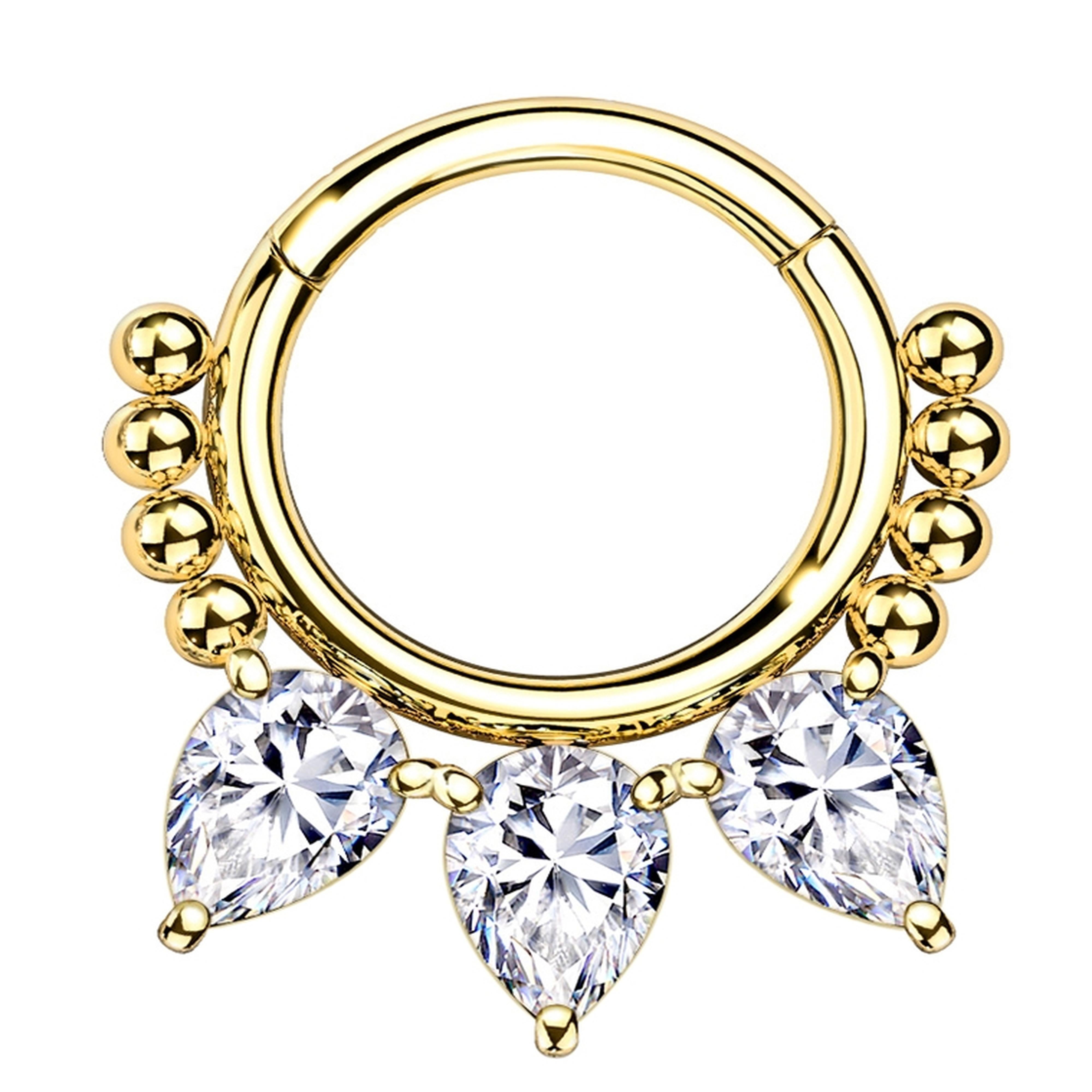 Gold PVD Teardrop CZ Bead Hinged Segment Ring