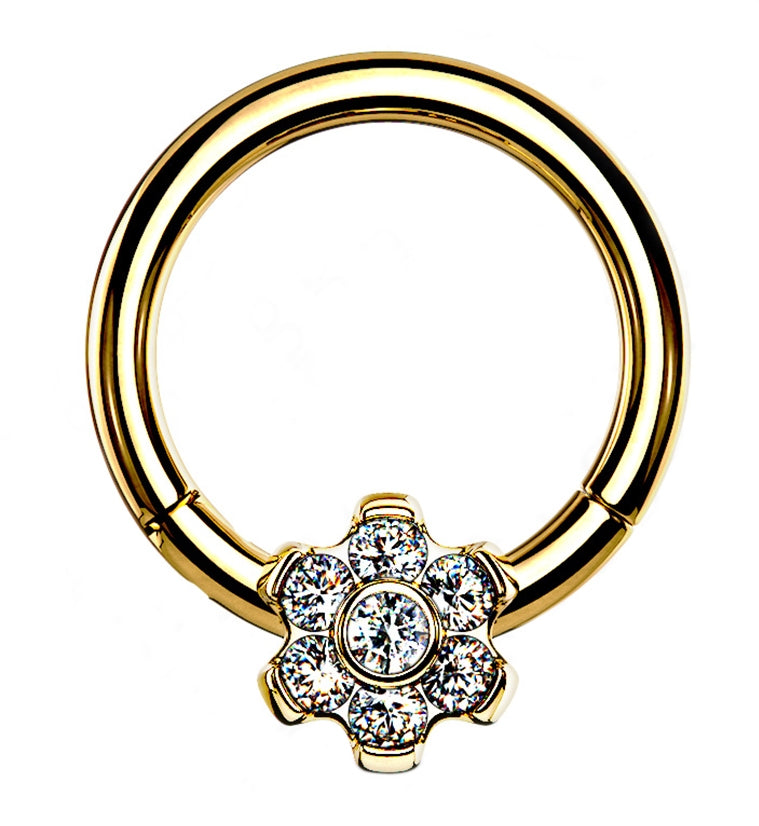 Gold PVD Frontal Flower CZ Hinged Segment Ring