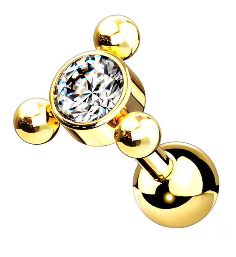 Gold PVD Pyramid Triple Bead Gem Cartilage Barbell
