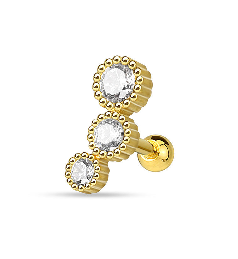 Golden Triple Annular CZ Steel Tragus / Cartilage Barbell