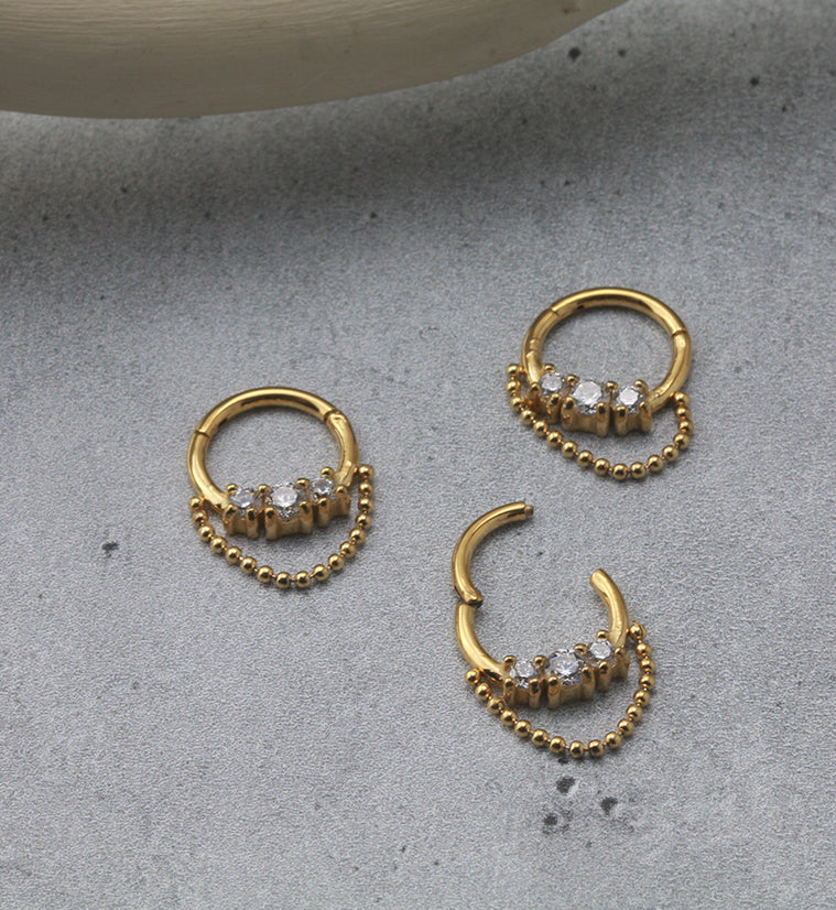 Gold PVD Triple Prong Set Clear CZ with Dangling Chain Hinged Segment Ring