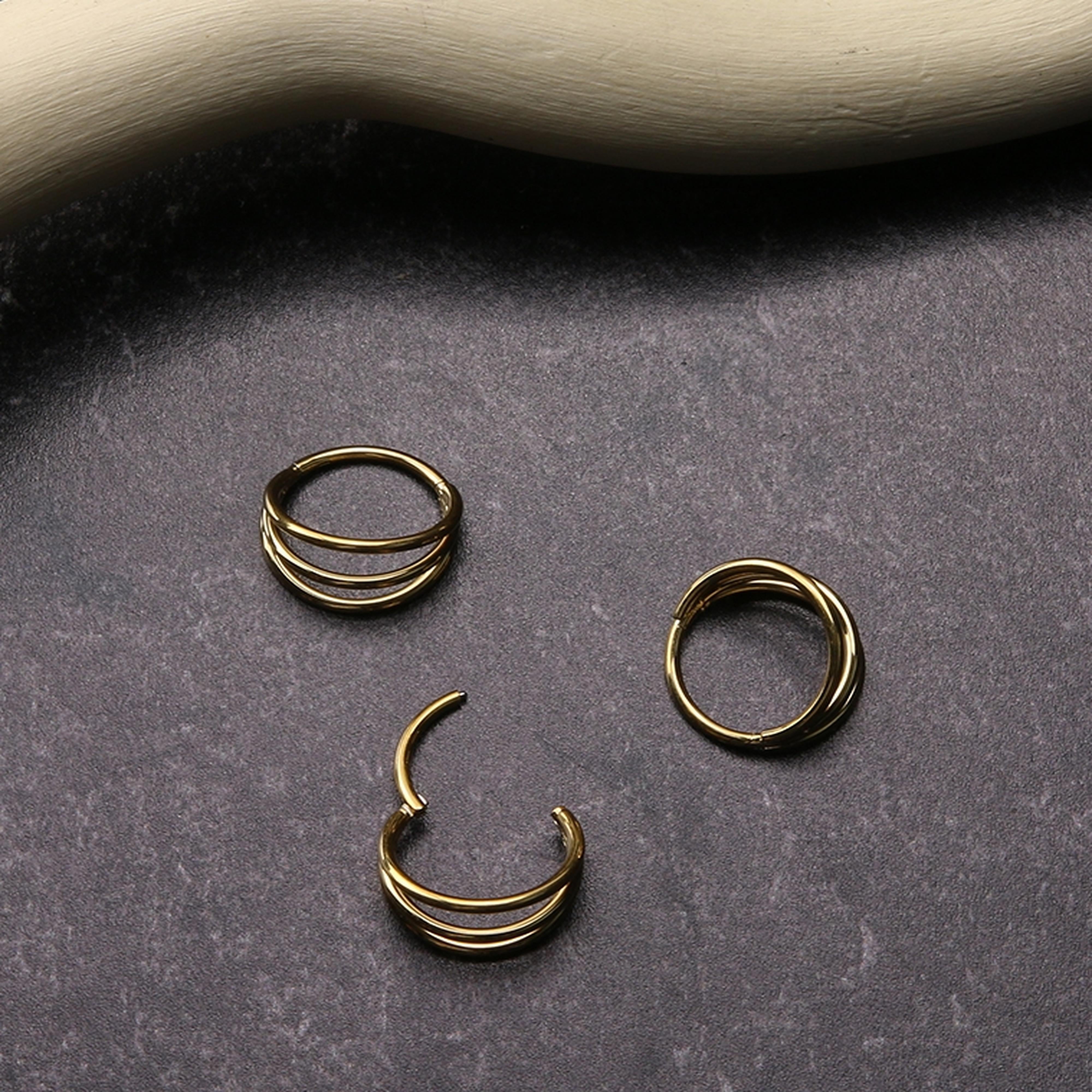 Gold PVD Triple Side Bar Titanium Hinged Segment Ring