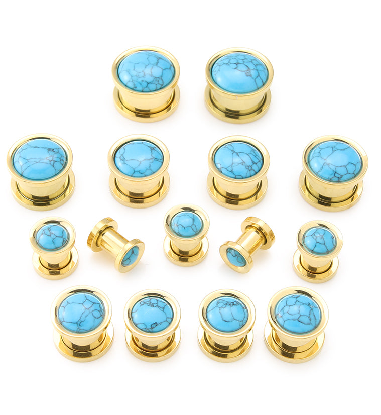 Gold PVD Turquoise Stone Stainless Steel Screw Back Tunnel Plugs