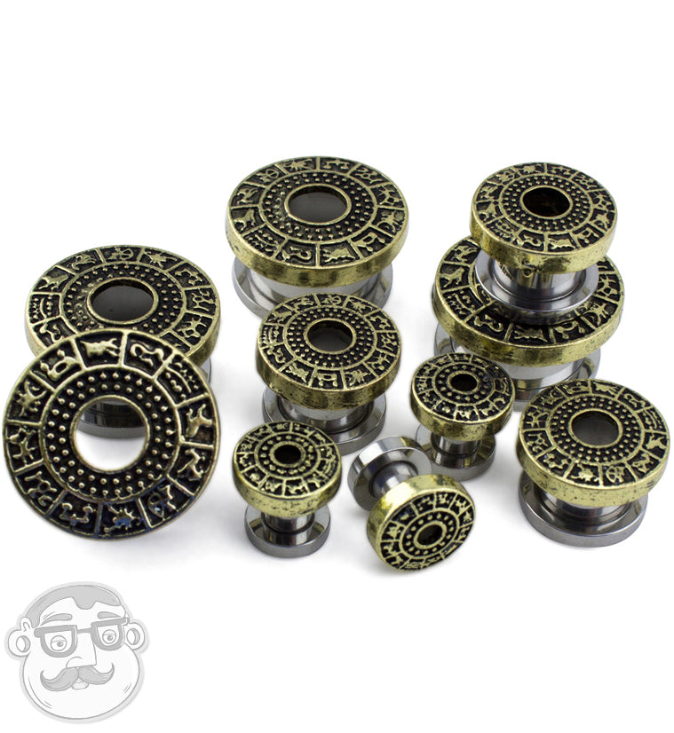 Gold Zodiac Rim Stainless Steel Tunnel Plugs