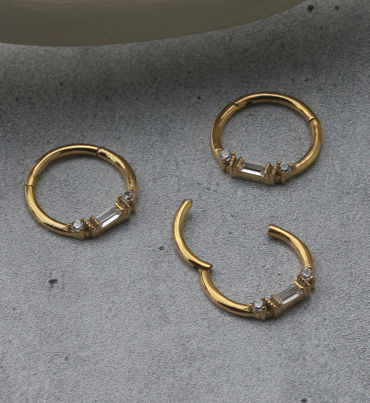 Gold PVD Round & Baguette CZ Beaded Hinged Segment Ring