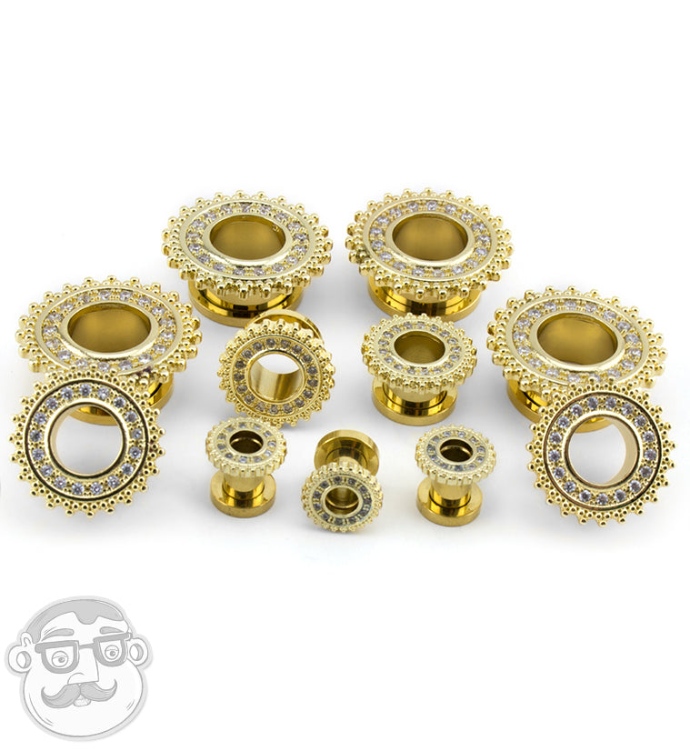 PVD Gold CZ Beaded Shield Tunnels
