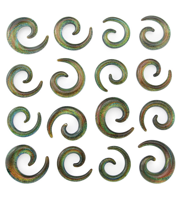 Golden Green Dichroic Glass Spirals