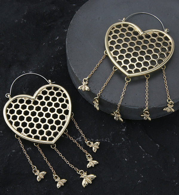 Gold PVD Heart Honeycomb Dangle Bee Stainless Steel Plug Hoops