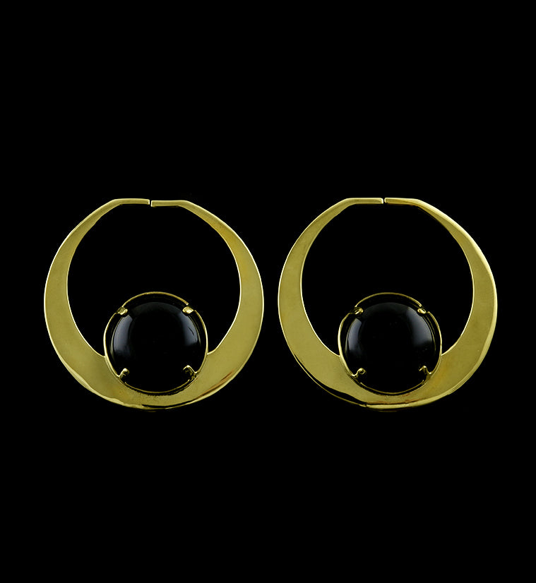 Golden Obsidian & Brass Plug Hoops