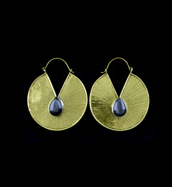 18G Quoit Disk Teardrop Golden Obsidian Brass Earrings
