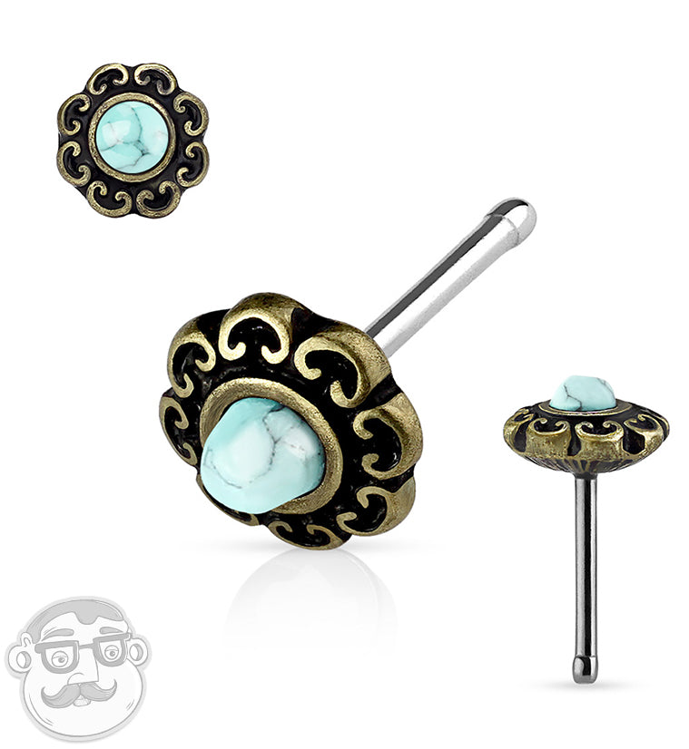 20G Vintage Wasted Spade Turquoise Stone Nose Ring Stud