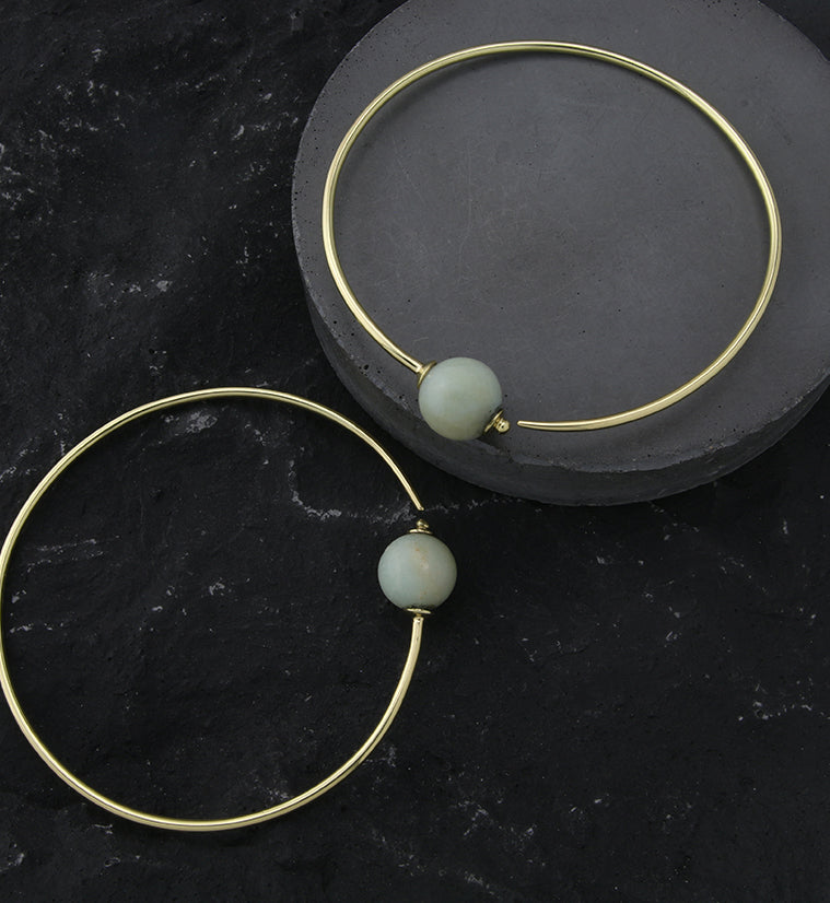Grade B Amazonite Stone Orb Brass Hangers / Plug Hoops