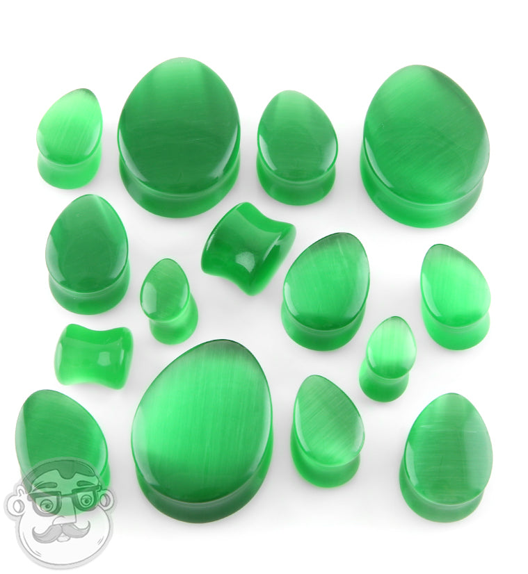 Green Cat's Eye Glass Teardrop Plugs
