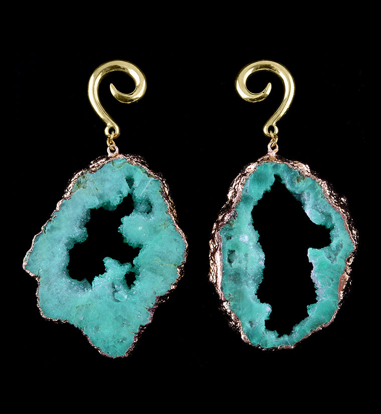 Green Druzy Agate Slice Brass Hangers
