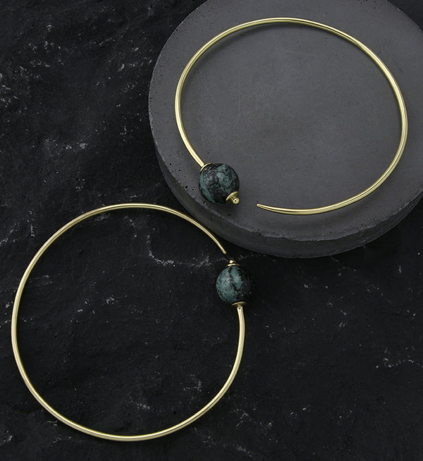 Green Jasper Stone Orb Brass Hangers / Plug Hoops
