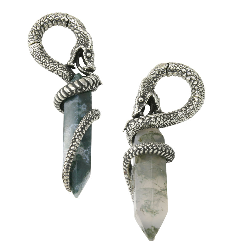 Green Moss Agate Cobra White Brass Hinged Ear Weights