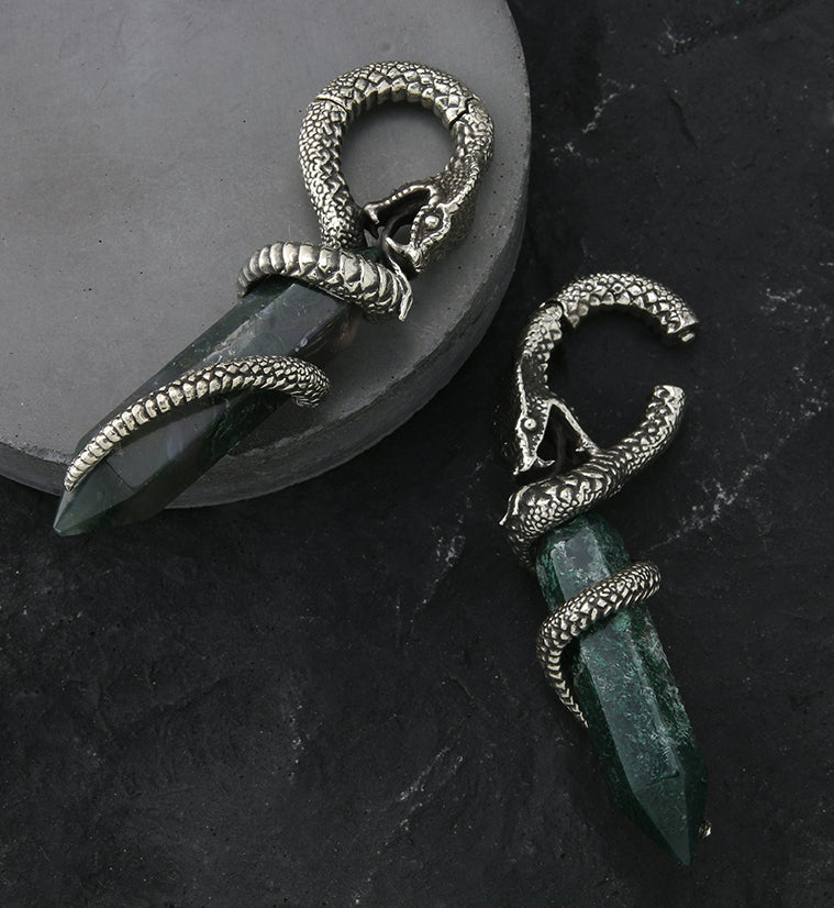 Green Moss Agate Cobra White Brass Hinged Ear Weights