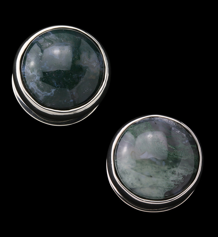 Green Moss Agate Stone Disk White Brass Ear Weights