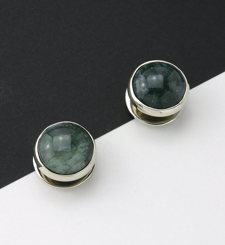 Green Moss Agate Stone Disk White Brass Ear Weights
