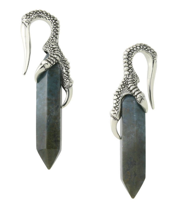 Green Moss Agate Talon Claw White Brass Ear Weights
