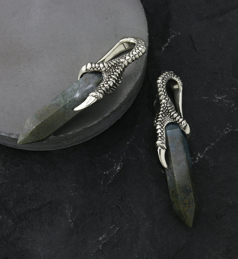 Green Moss Agate Talon Claw White Brass Ear Weights