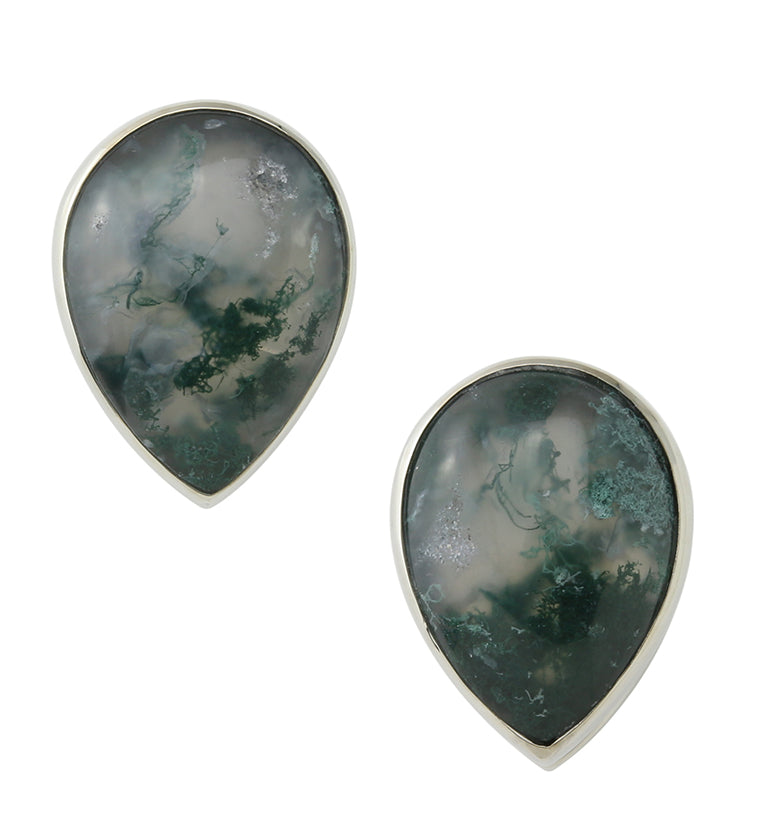 Peak Green Moss Agate Stone White Brass Ear Weights