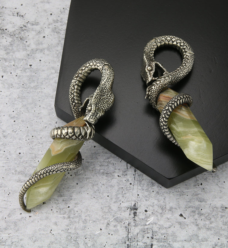 Green Onyx Stone Cobra White Brass Hinged Ear Weights